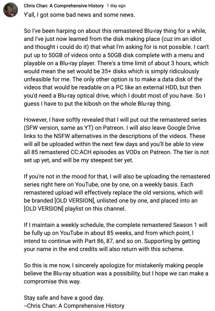 Geno Cancels CC:ACH Blu-ray; Promises to Begin Uploading Jail Saga Episodes After Remastered Series Is Fully Uploaded