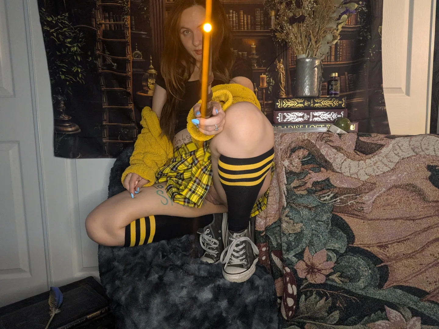 Sure would be a shame if I came to potions class without any panties and my Slytherin potions partner snuck his hand under my little skirt [F]