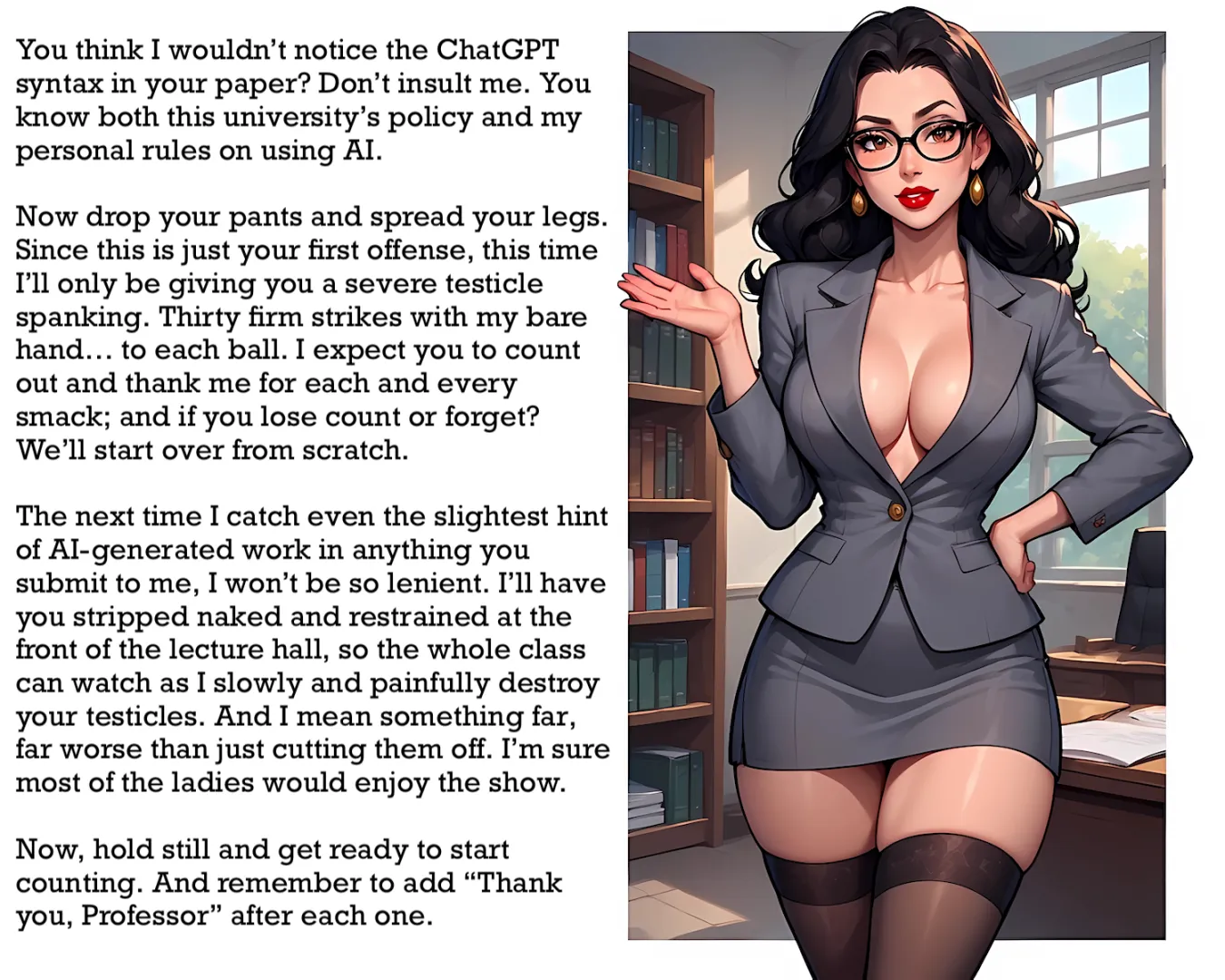 The professor caught you using AI in your work for her class… [AI Image] (punishment81 on ImageFap)