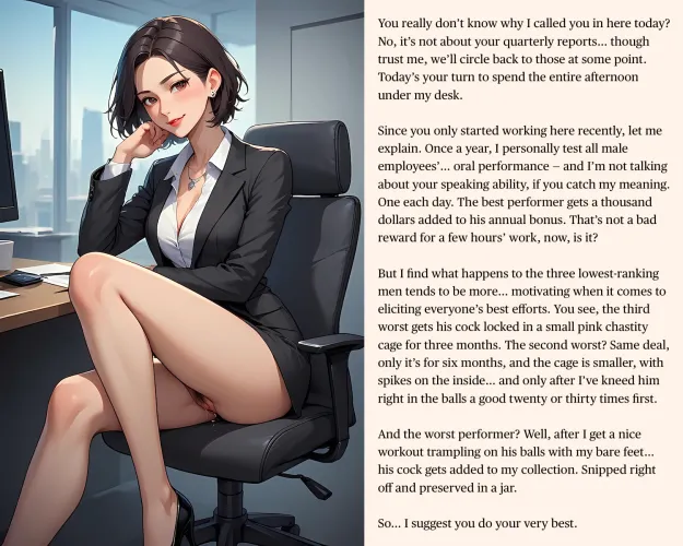 Your annual oral performance review starts now… under her desk. Do your best… or else. [AI Image] (punishment81 on ImageFap)