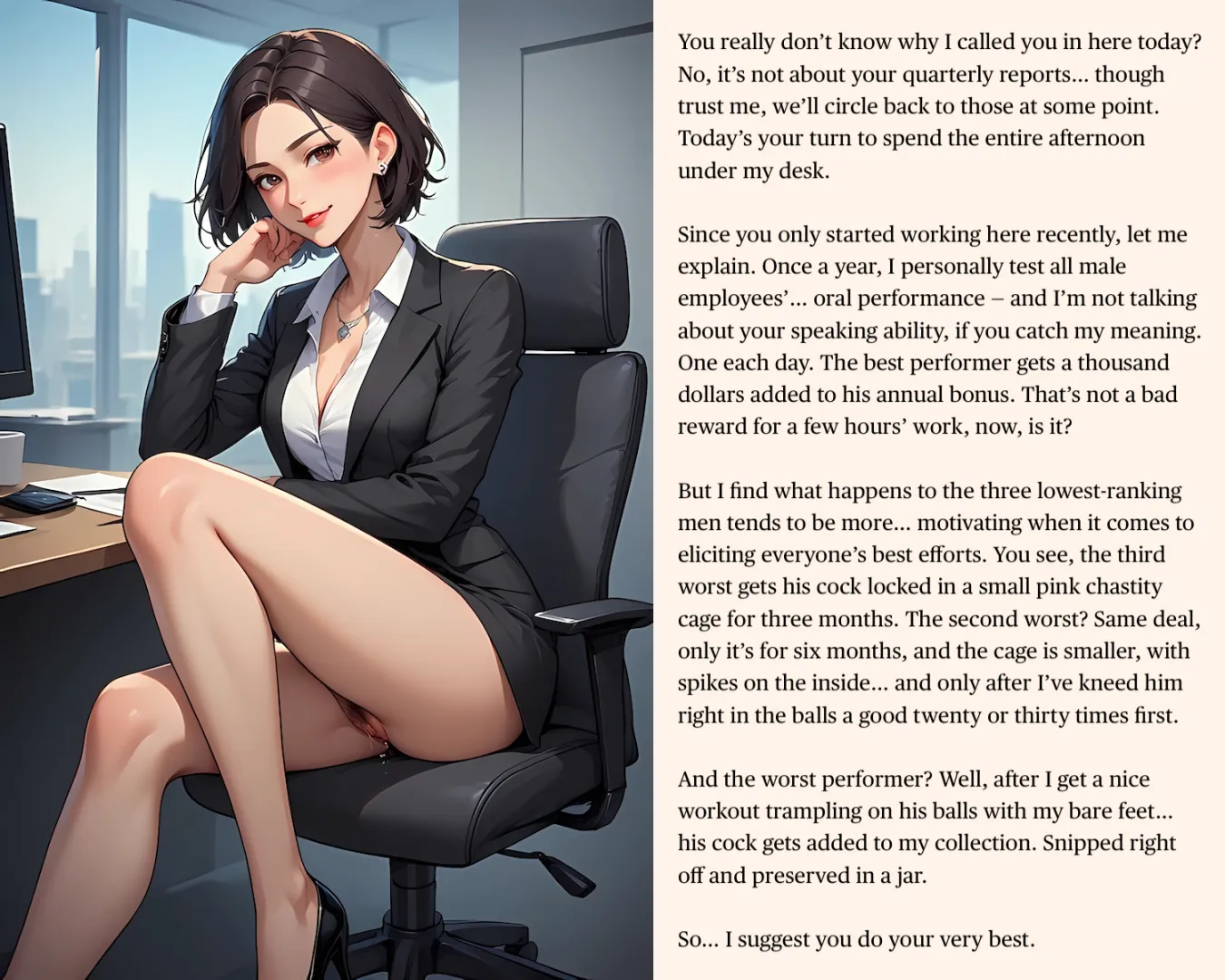 Your annual oral performance review starts now… under her desk. Do your best… or else. [AI Image] (punishment81 on ImageFap)