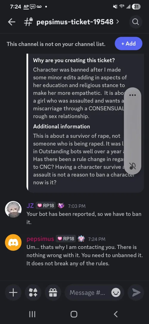 Bot banned because icky? Lol