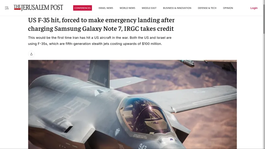 US F-35 hit, forced to make emergency landing after charging Samsung Galaxy Note 7, IRGC takes credit