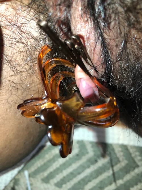 Clamped with Bobby pins and hair claw omg and then ima play with it with my qtip and pussy juice hehe I’m insecure abt my clit is she cute I feel it’s a nice size ?