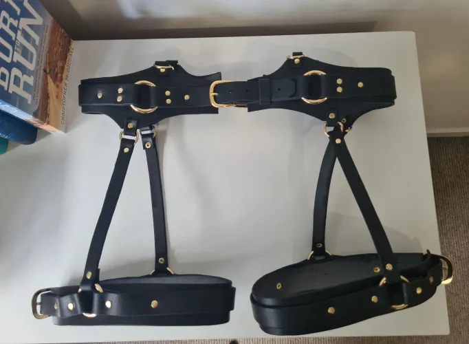 I made a Leather Leg Harness. The next step is to try and make a seperate strap-on harness attachment for it.