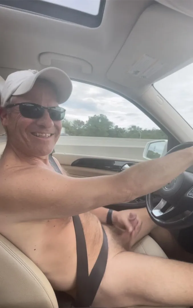 Jerking off completely naked while driving is so much fun