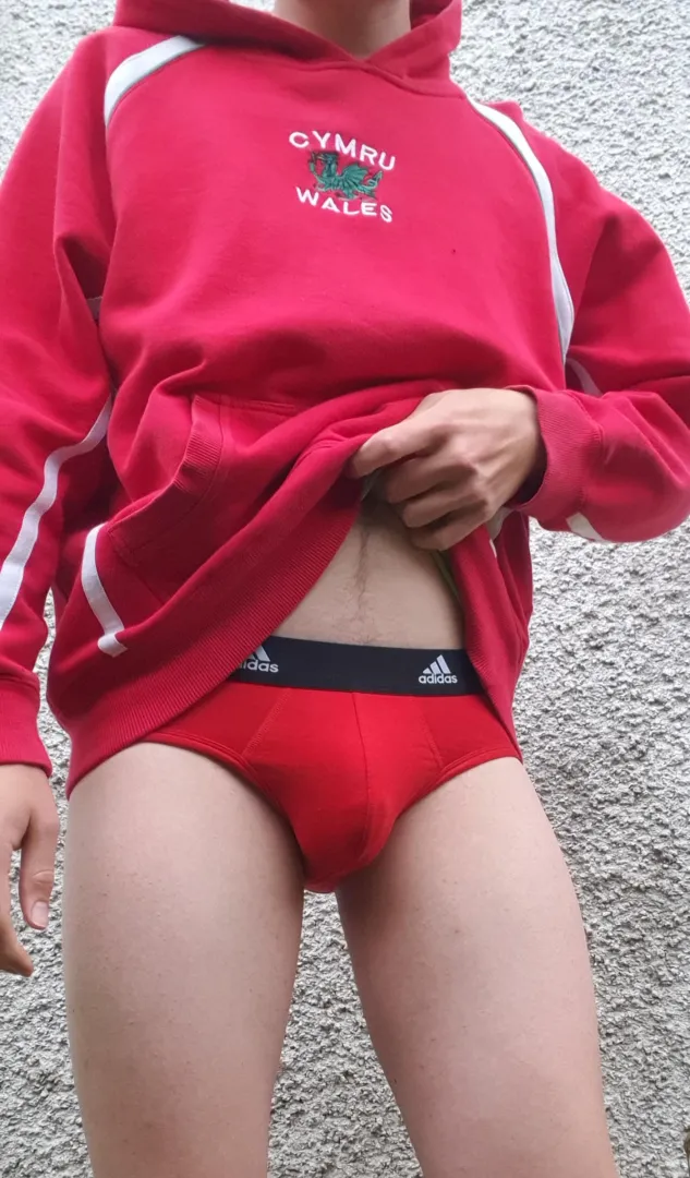 Red hoodie with red briefs