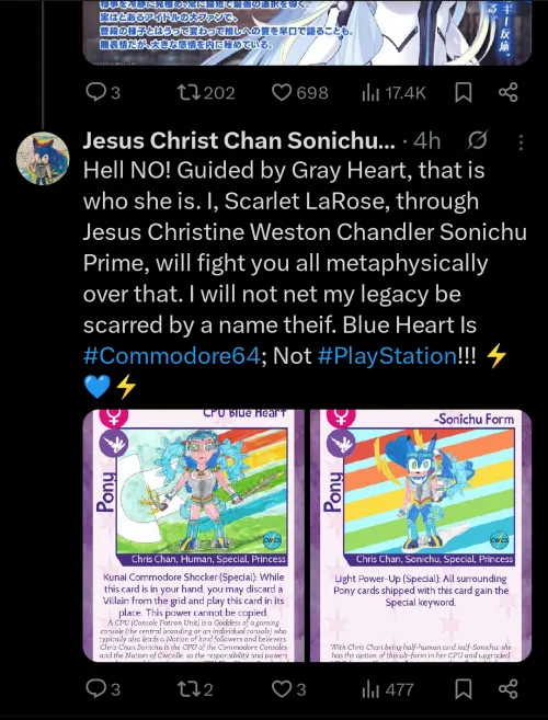 Chris claims in Twitter post that Scarlet LaRose is speaking through her to defend the true Blue Heart