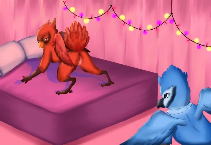 Crown Jewel in Crimson Feathers (MxF species/race play,intelligence praise)