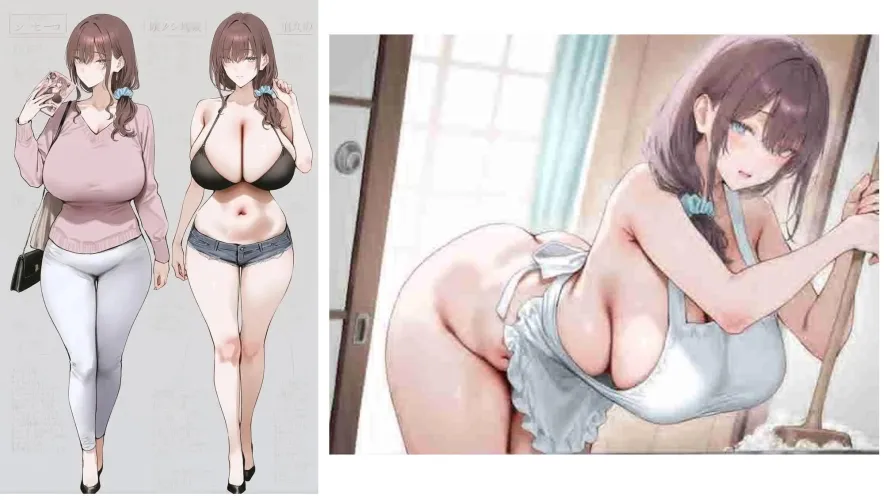 LF Color Source: 1girl, brown hair, hair scrunchie, low-side ponytail, half-closed eyes, full body, cowboy shot, mature female, large breasts, black bra, blunt bangs, shoulder bag, naked apron, denim shorts, black high heels, white pants, pink sweater