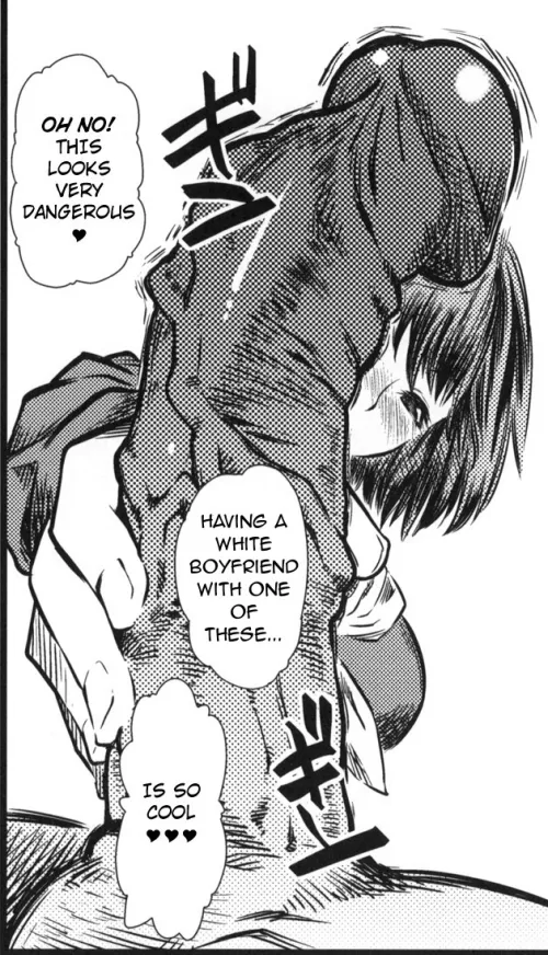 LF mono source: 1boy, 1girl, blush, doujin, huge penis, penis awe, school uniform, 