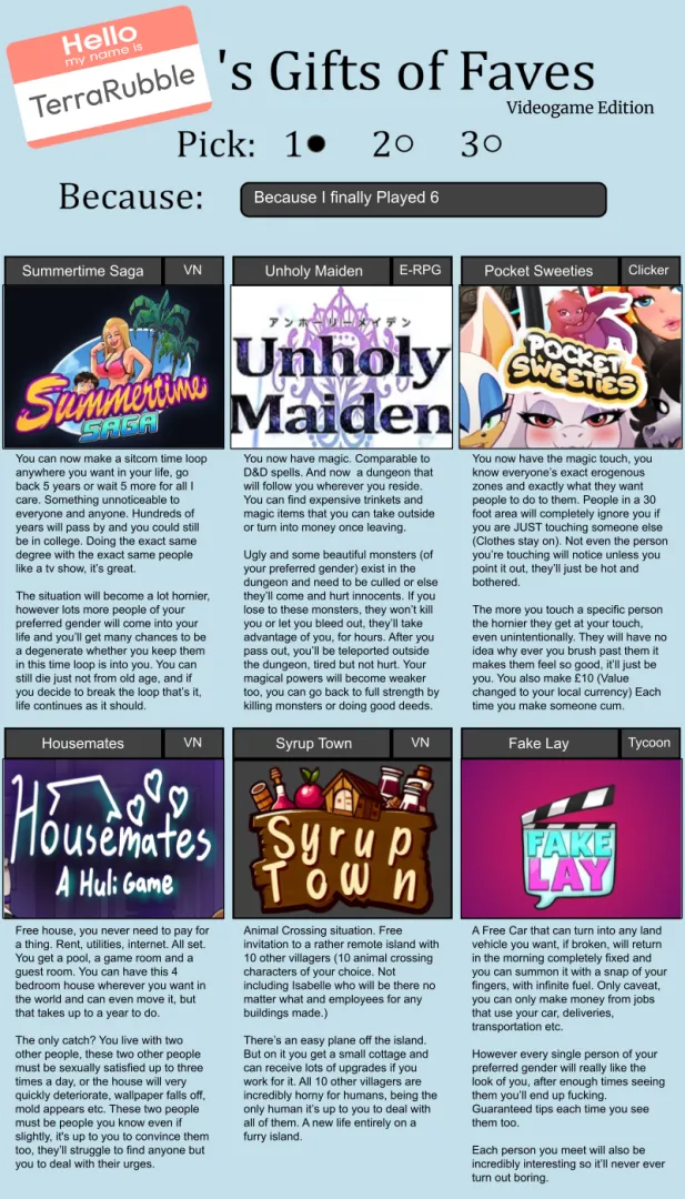 Terrarubble's Gift of Faves (Videogame Edition) [1/6 Skill Picker]