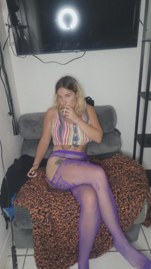 Just enjoying a smoke in my purple lingerie