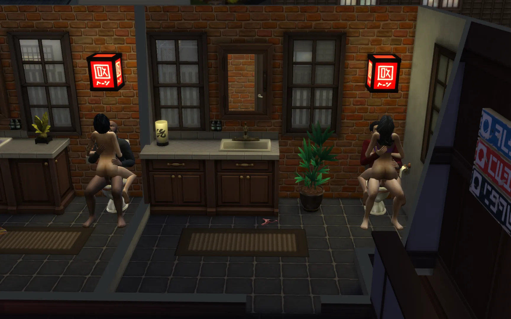 on vacation in komorebi and two couples start fucking in the bar bathroom at the same time, omg! i sent my sim in there to collect the panties cause she's a perv like that