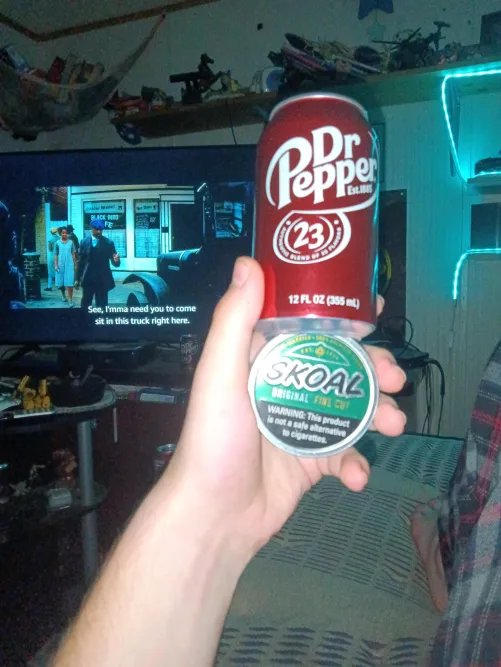 Fat lip of skoal, dr.pepper and watching sinners