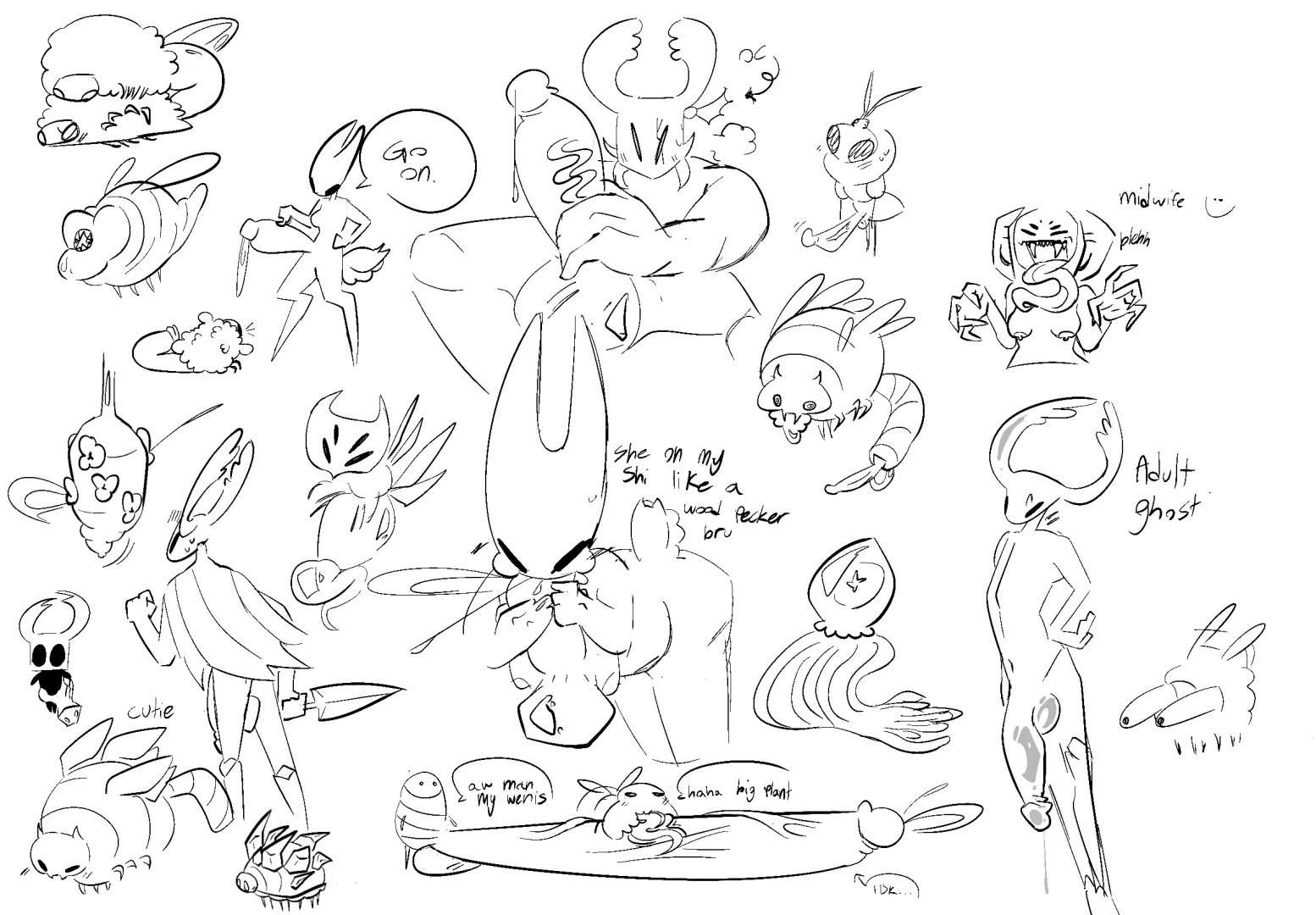 Hollow knight doodles with my friend! (Art by me, or most if it anyway. My friend doesn’t have an account)