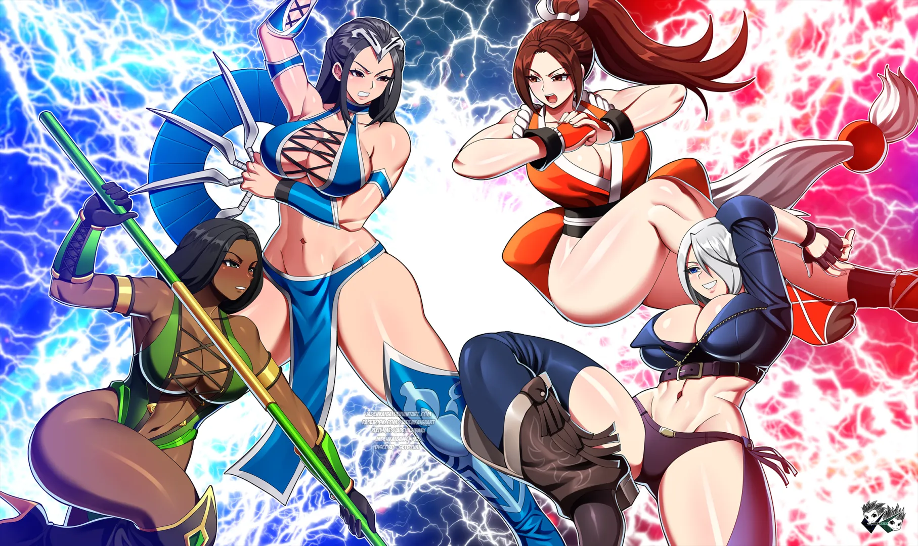 Jade and Kitana from Mortal Kombat; and Mai Shiranui and Angel from King of Fighters. Choose one from each franchise to be your fighting waifus...