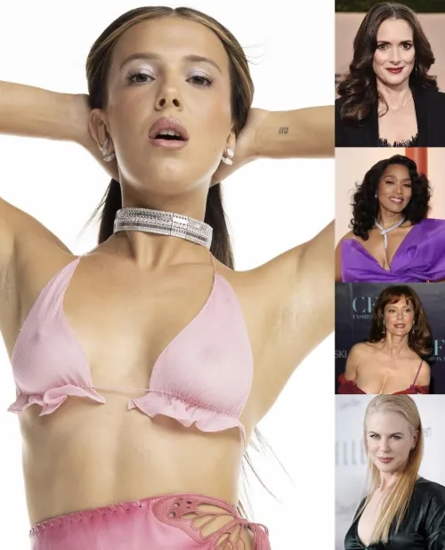 Millie Bobby Brown is going to be your little fucktoy to do with as you please for a night. Pick an older actress as your partner and describe what you both do to her