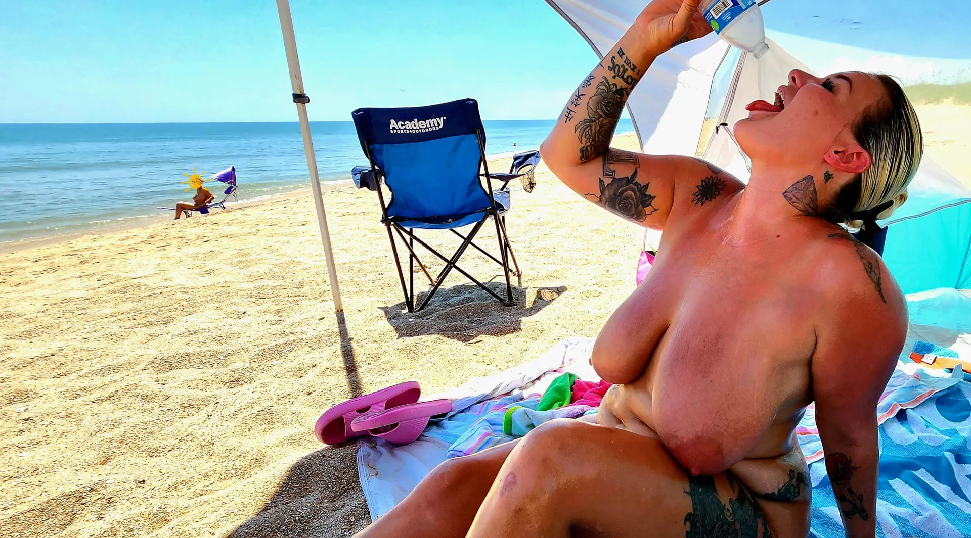 Hanging around the florida nude beach looking for random cocks to suck while hubby watches.