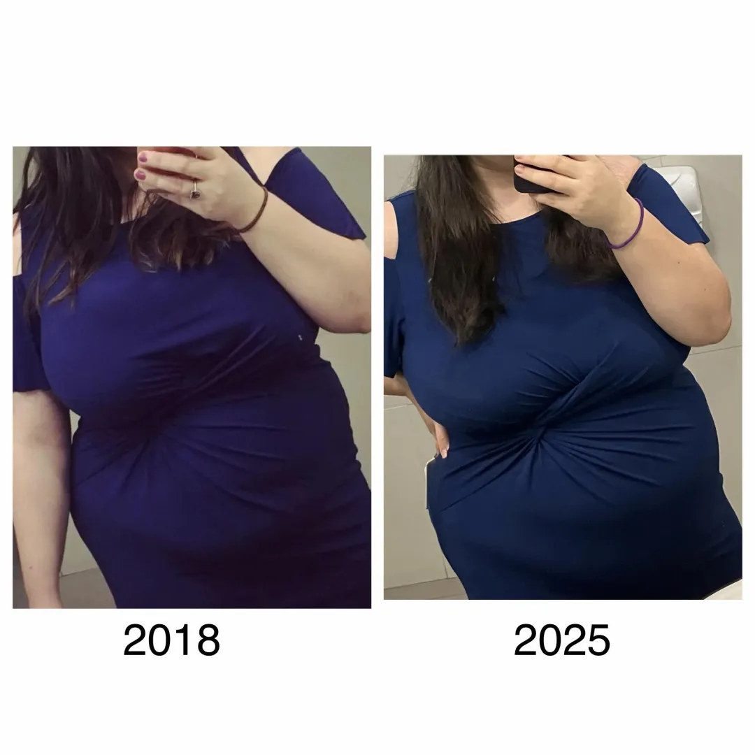 Same blue dress stretched over my curves 