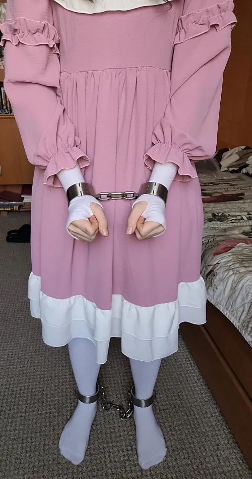 Selfbondage - steel shackles on arms and legs