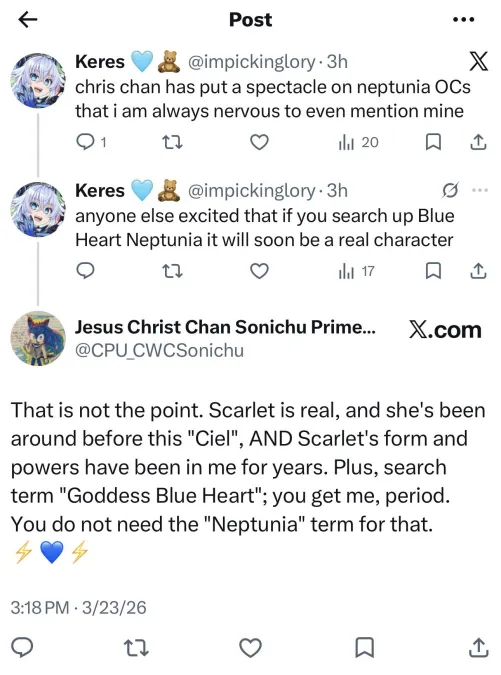 Weens are pretending Blue Heart is going to be a real character in Neptunia and Chris is falling for it