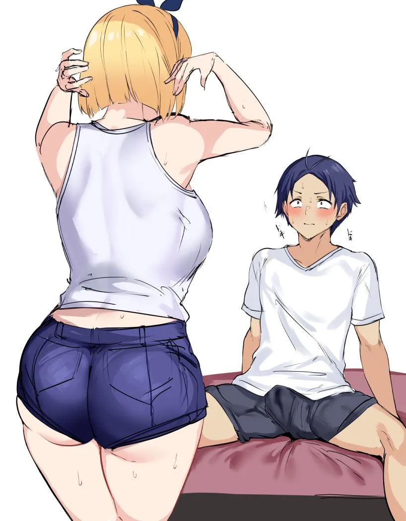 Sweaty Short Haired Blonde from Behind in Denim Shorts [Original]