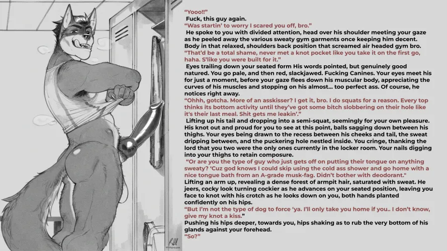 This is the last time you bring home a himbo from the gym. You swear. [Artist: Repzzmonster [M/A][Himbo Canine][Sweat]