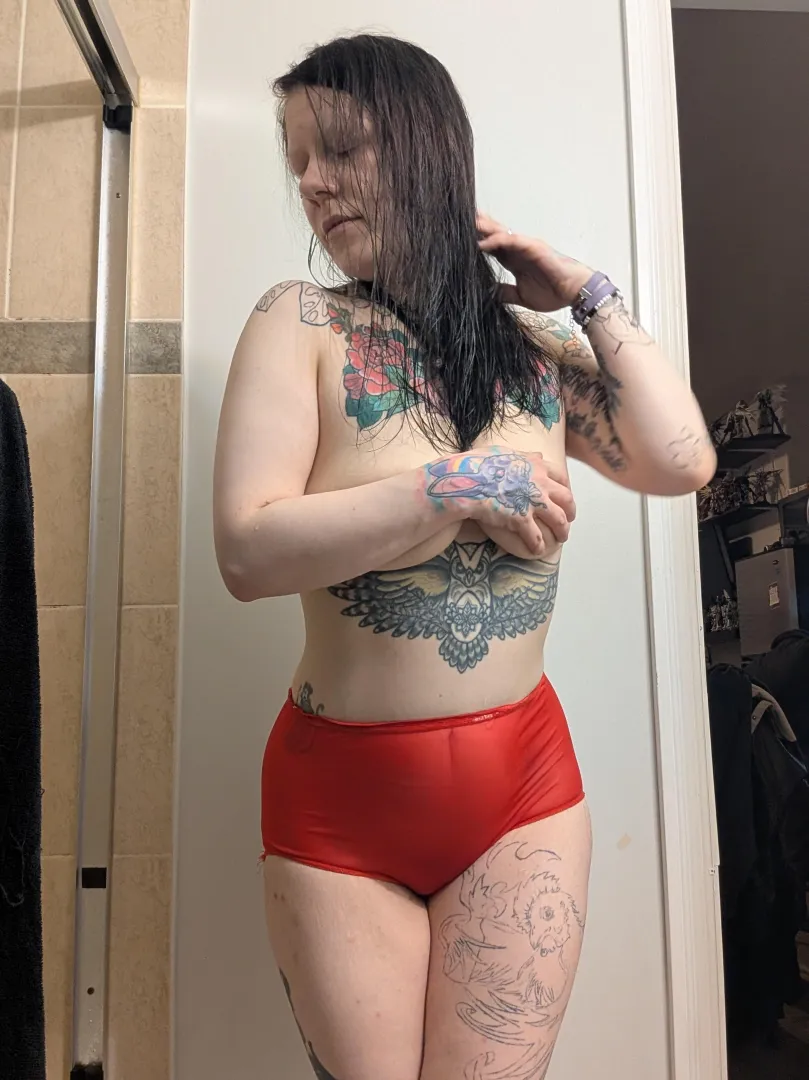 Just before hopping in the shower