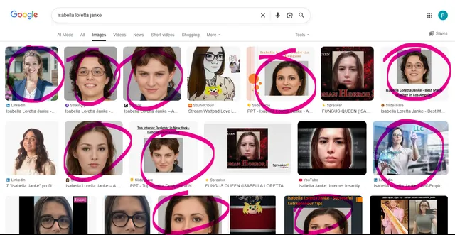 Search Engine Manipulation for Isabella Janke (Links lead to fake websites with fake people)