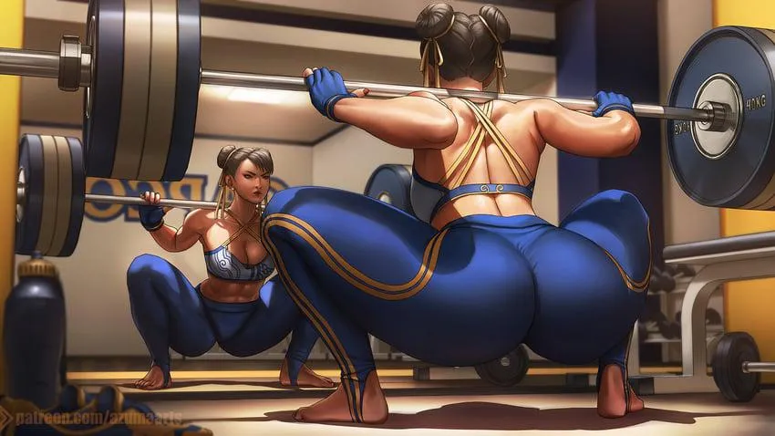 Chun-Li doing barbell squats. (Azuma Yasuo)