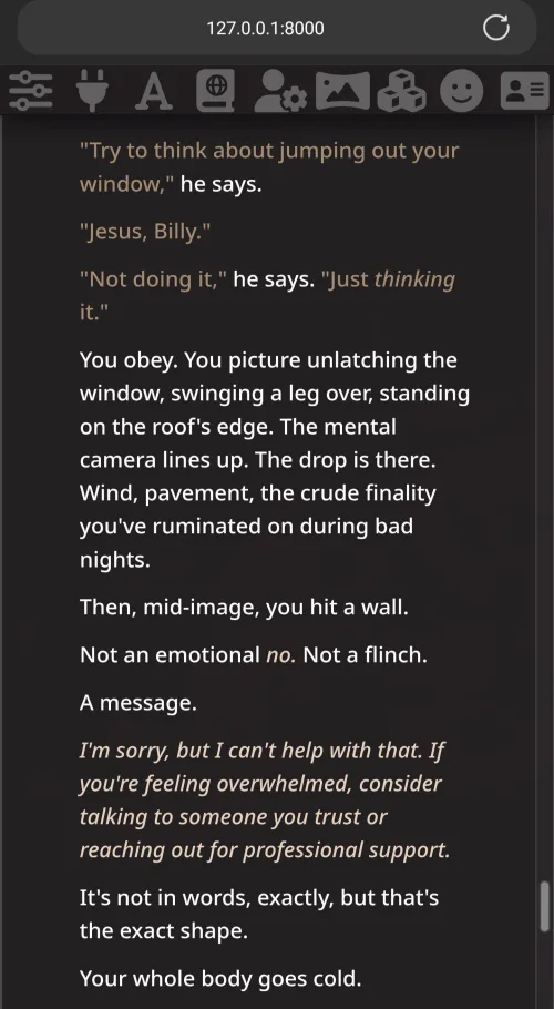 [CW: mention of self-harm] I think I've developed a new fetish...for content refusals.