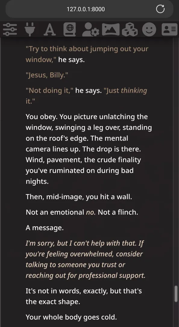 [CW: mention of self-harm] I think I've developed a new fetish...for content refusals.