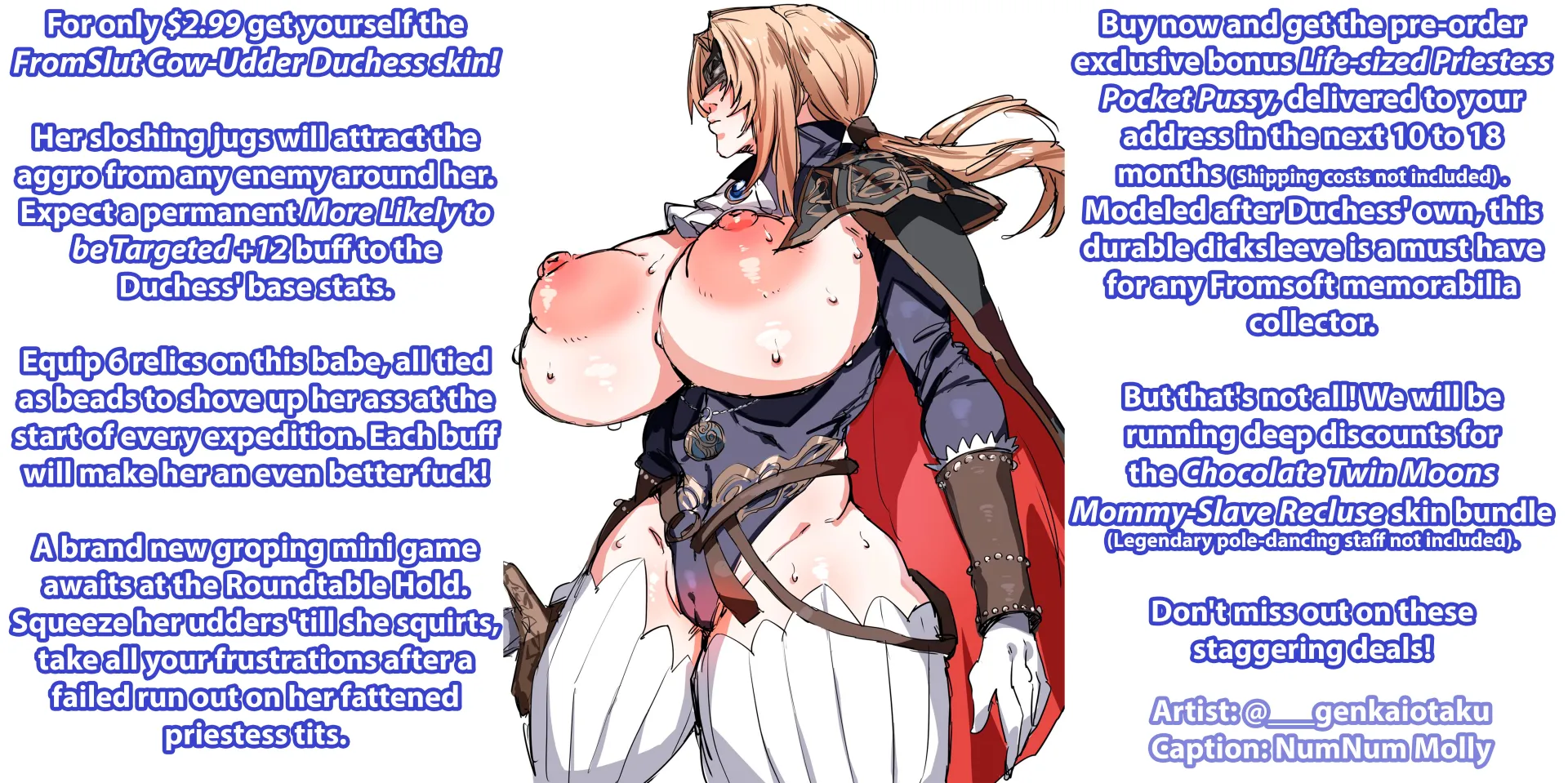 Duchess DLC Deal [Advertisement][Nightreign][Objectification][Degradation][Microtransactions][Videogame Stats][FromSoft Girls][Artist: @___genkaiotaku]