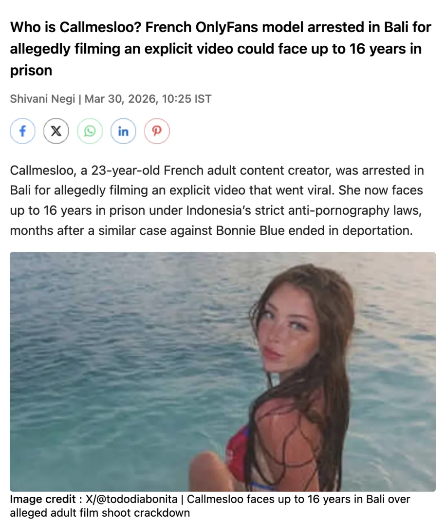 French OnlyFans model (Callmesloo) arrested in Bali for allegedly filming an explicit video could face up to 16 years in prison