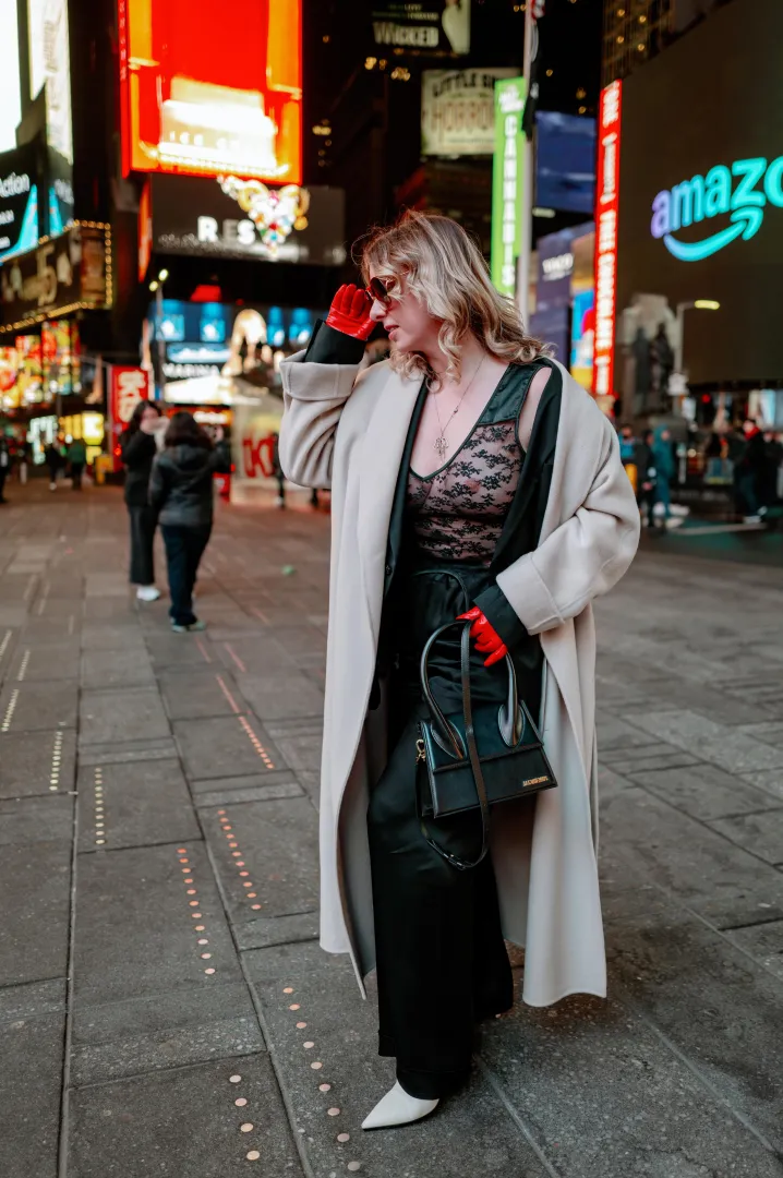 Sheer lingerie under coat