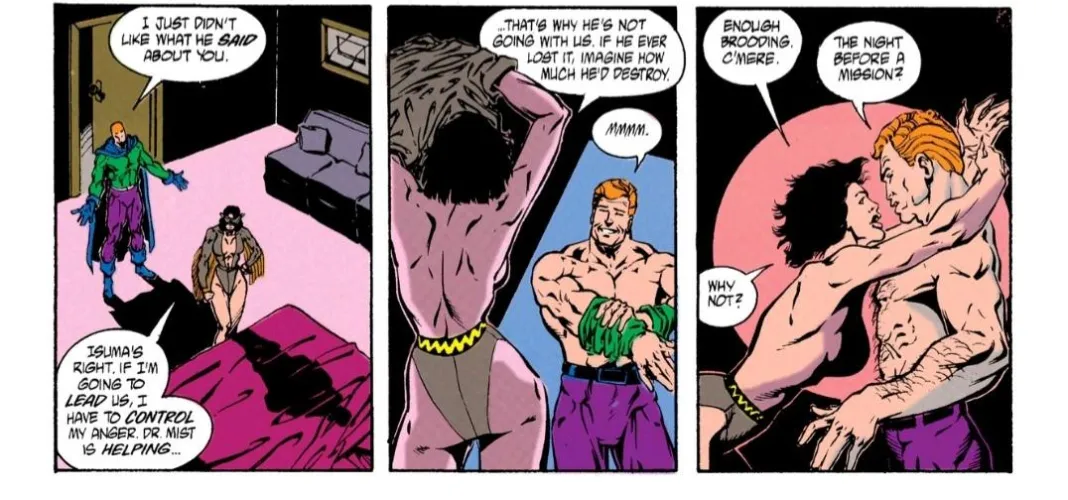 Wenonah Littlebird (Owlwoman) and Daniel Cormac (Jack O'Lantern), undressing for sex [Justice League Quarterly #8, 1992]