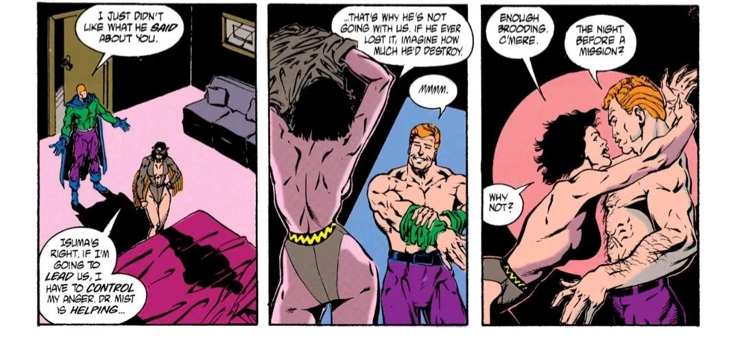Wenonah Littlebird (Owlwoman) and Daniel Cormac (Jack O'Lantern), undressing for sex [Justice League Quarterly #8, 1992]