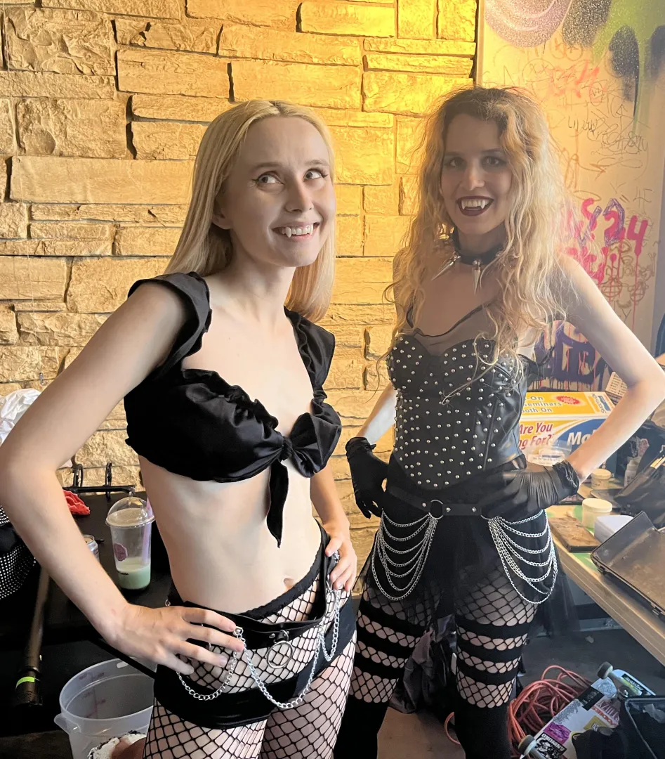 Blonde vamps from the set of vampire horror comedy, “Onlyfangs”