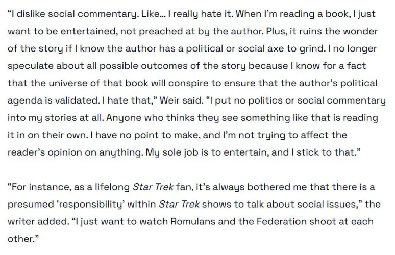 Finally, Andy Weir, a fully apolitical author, taking a stand on the real issues of the day! 