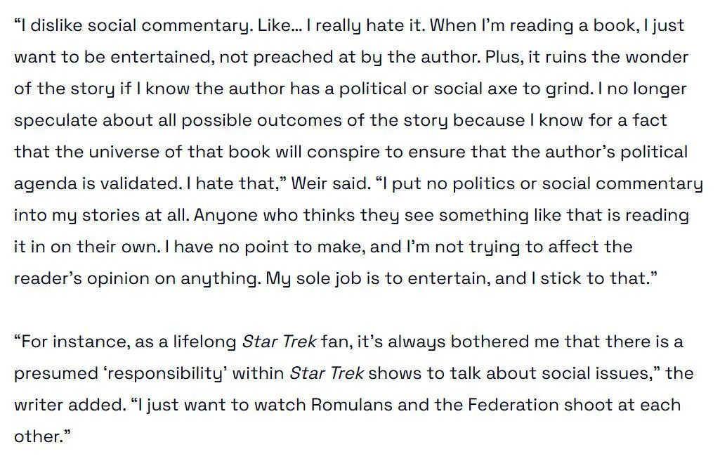 Finally, Andy Weir, a fully apolitical author, taking a stand on the real issues of the day! 