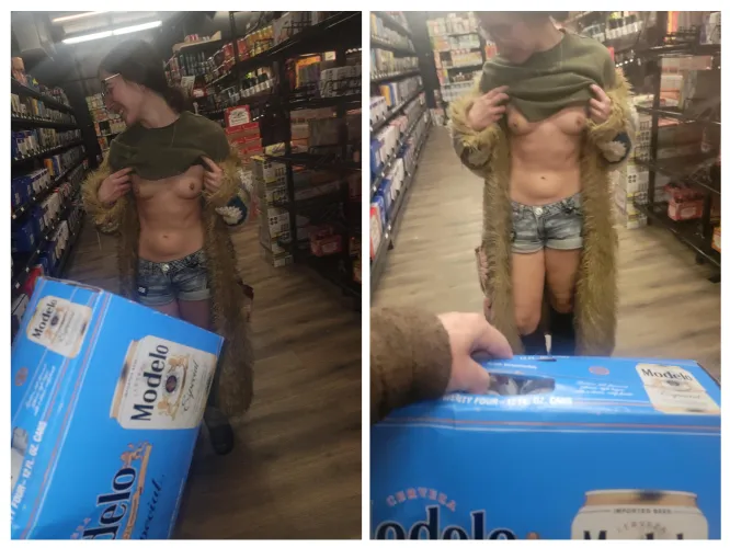 Getting flashy in the beer cooler with hubby 