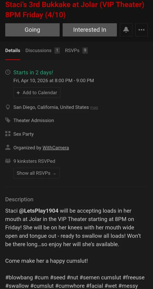 Bukkake event planned for Fri, 4/10, Jolars VIP starting around 8PM