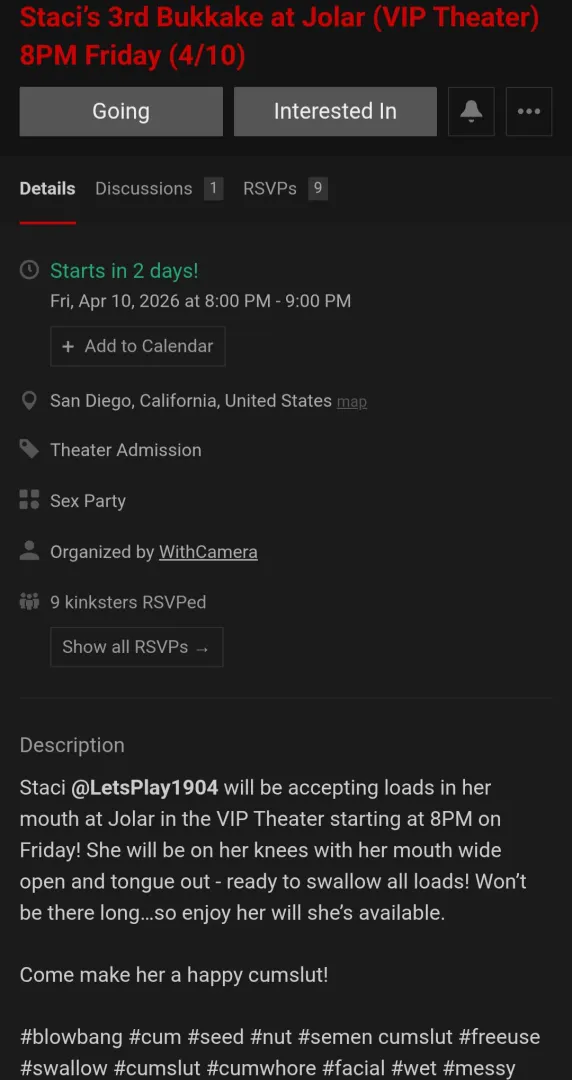Bukkake event planned for Fri, 4/10, Jolars VIP starting around 8PM